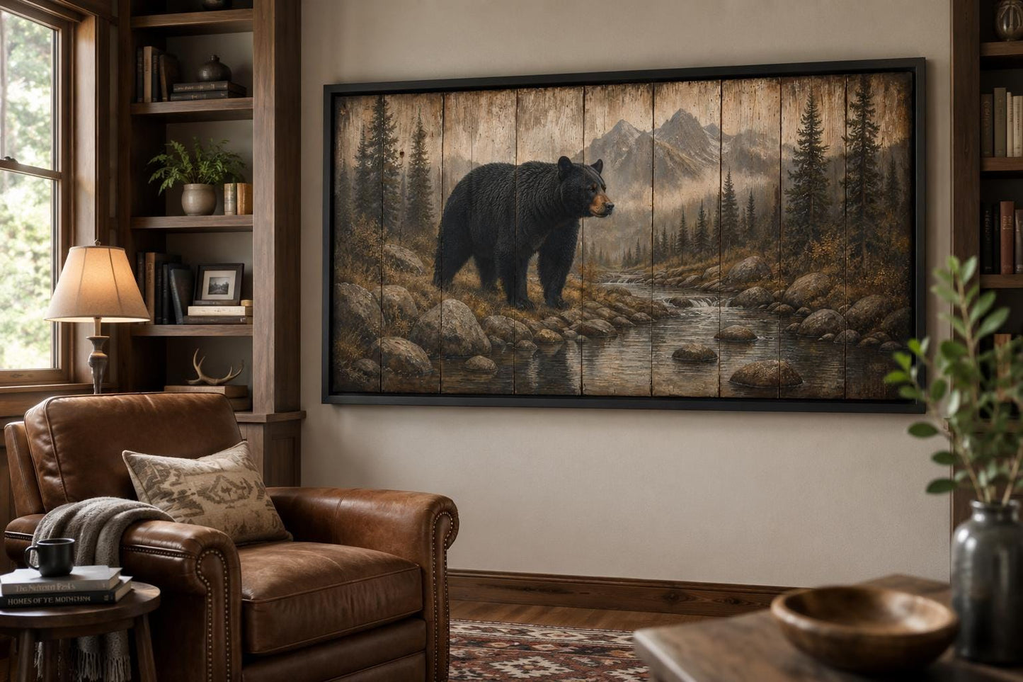 Black Bear Wall Art - Rustic Cabin Decor Canvas Print for Mountain Lodge