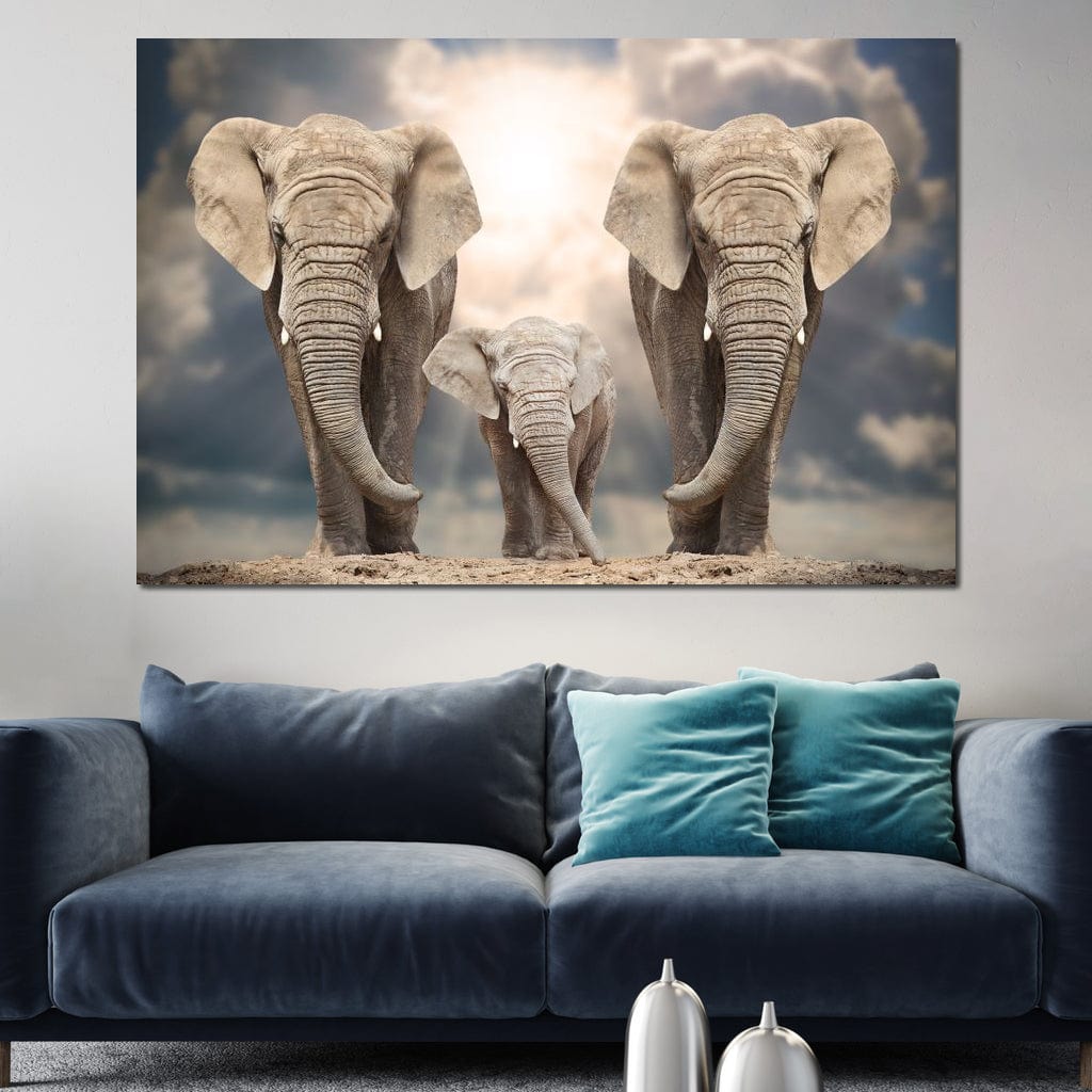 Elephant Family Under the Sun Canvas Wall Art
