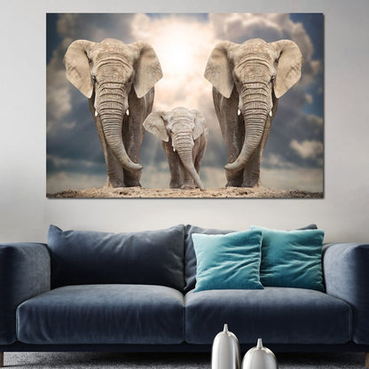 Elephant Family Under the Sun Canvas Wall Art