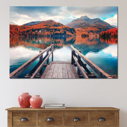 Wooden Pier on Autumn lake Sils Canvas Wall Art