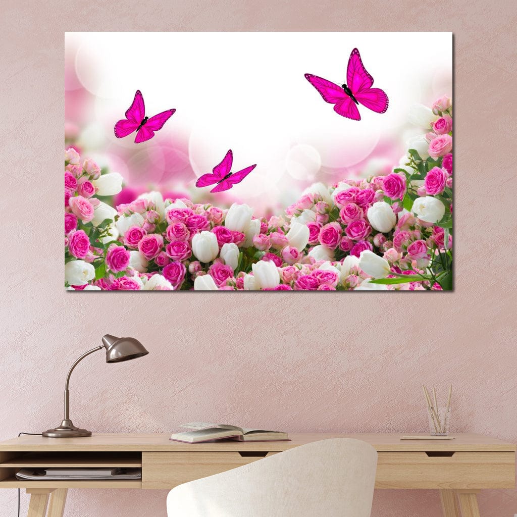 Pink Roses & Butterflies Canvas Wall Art