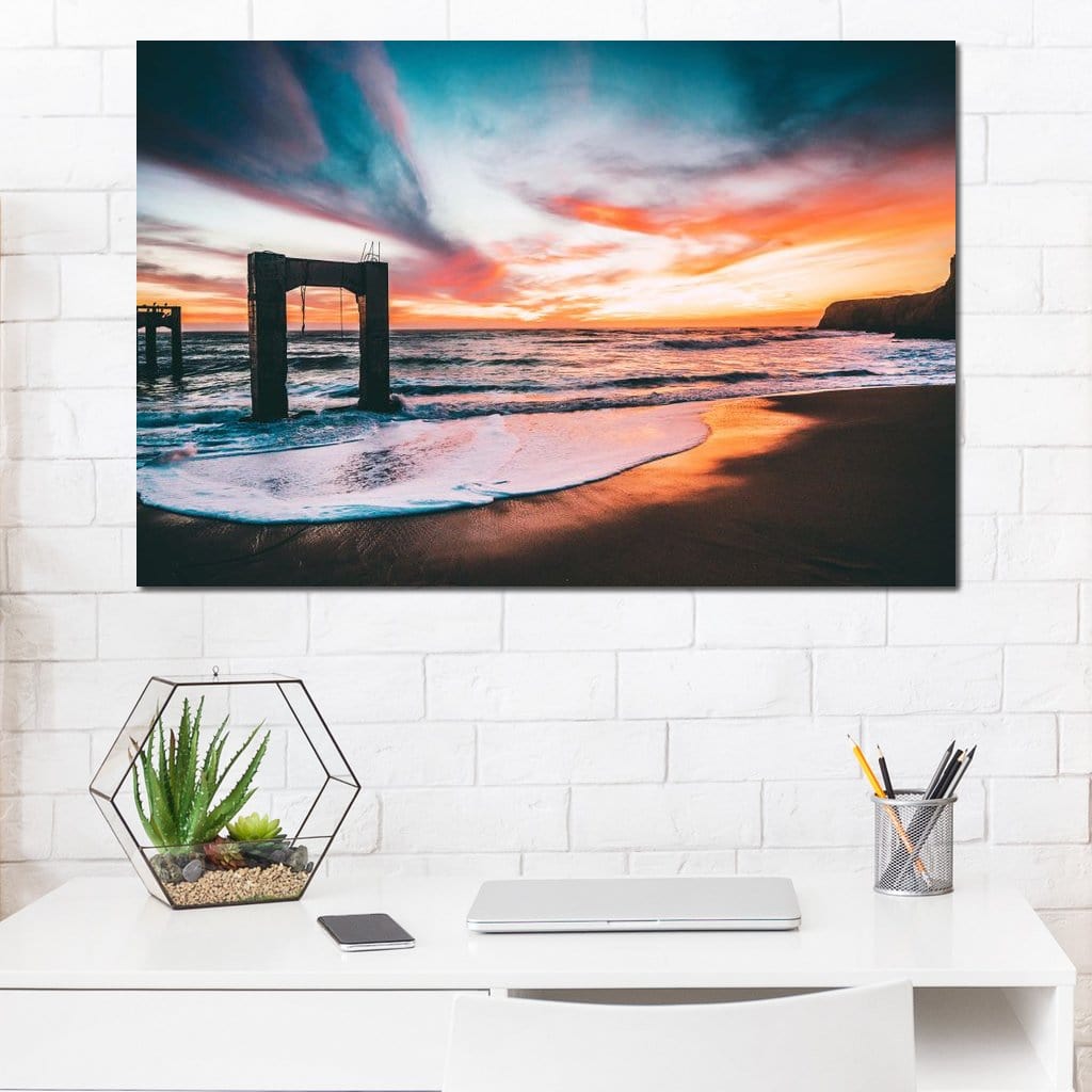 Beach Sunset Old Pier Canvas Wall Art
