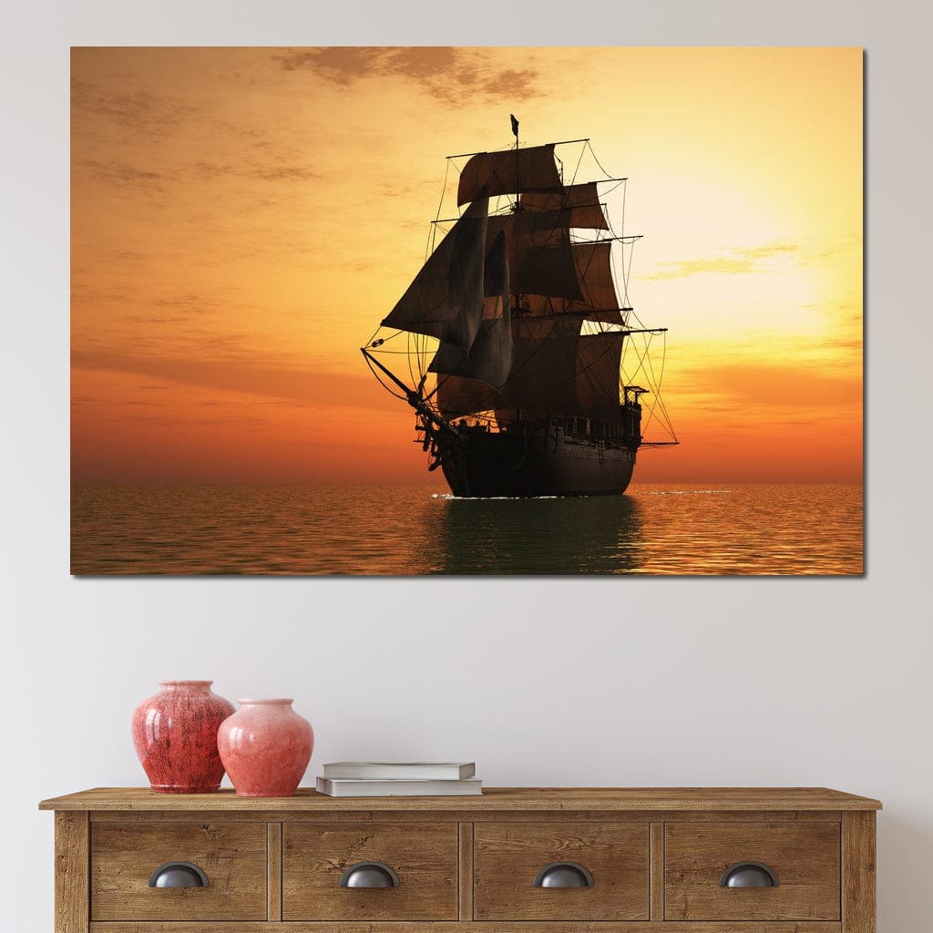 Old Ship At Sea Canvas Wall Art