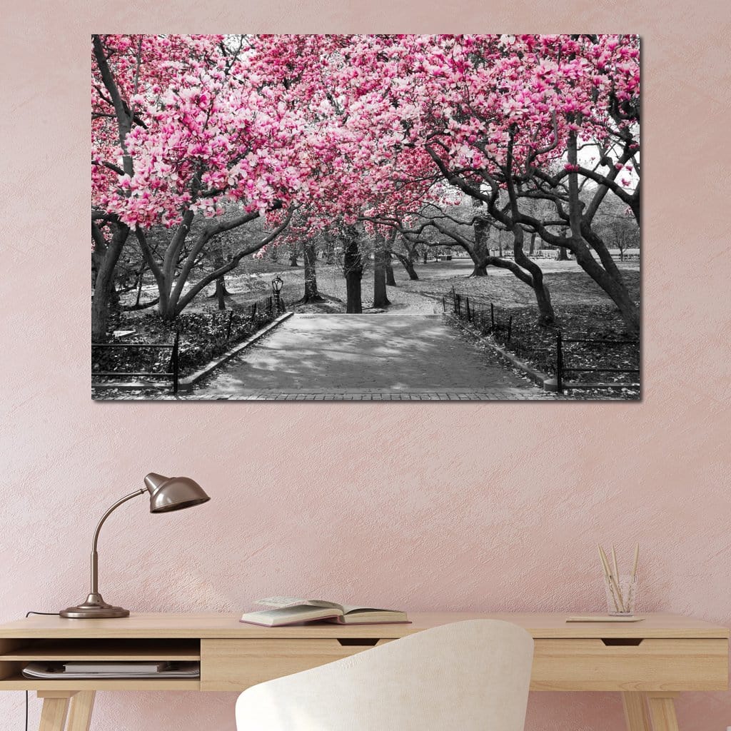 Pink Blossoms in Black and White Canvas Wall Art