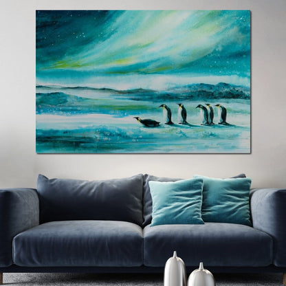 Penguins Under the Aurora Borealis Canvas Wall Art