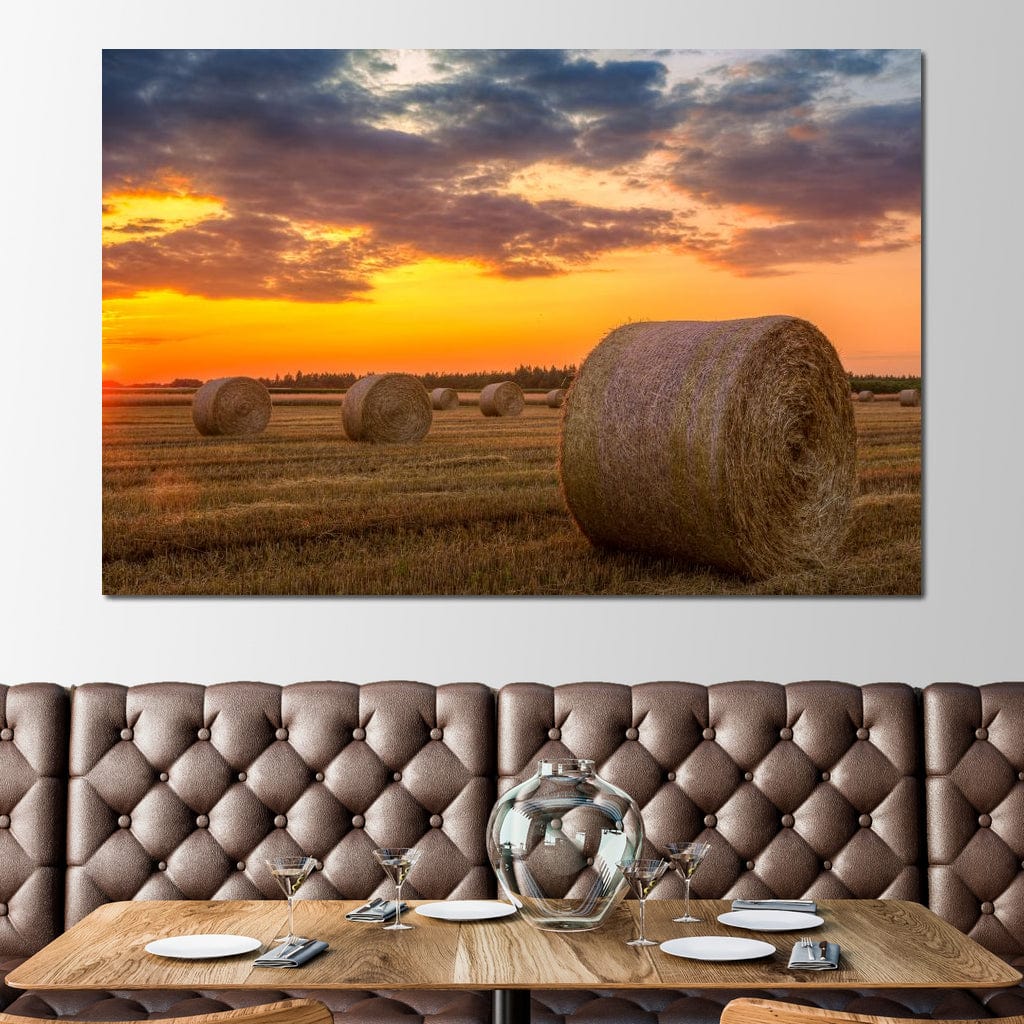 Hay Bales Sunset Canvas Wall Art