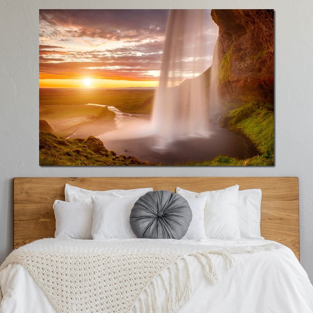 Sunset over Seljalandsfoss Waterfall Canvas Wall Art