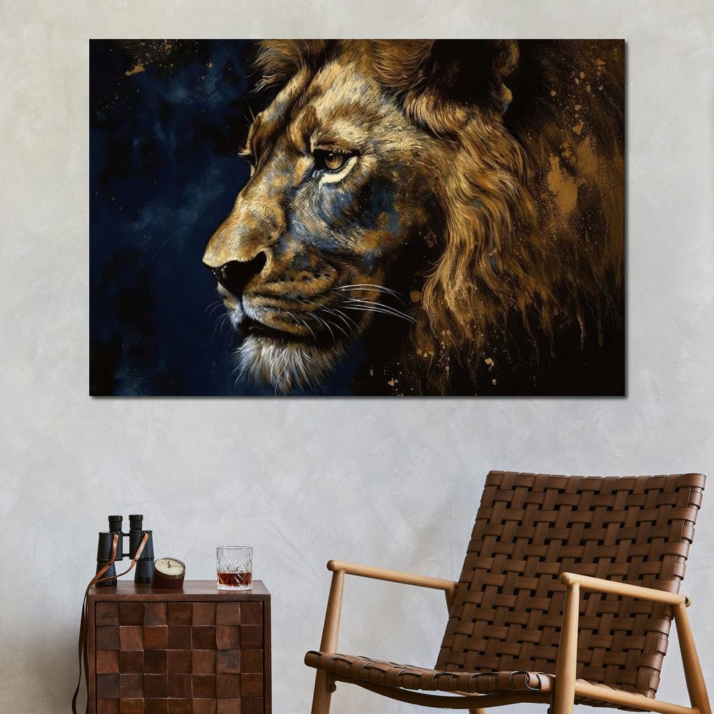 Golden Lion on Blue Background Canvas Wall Art