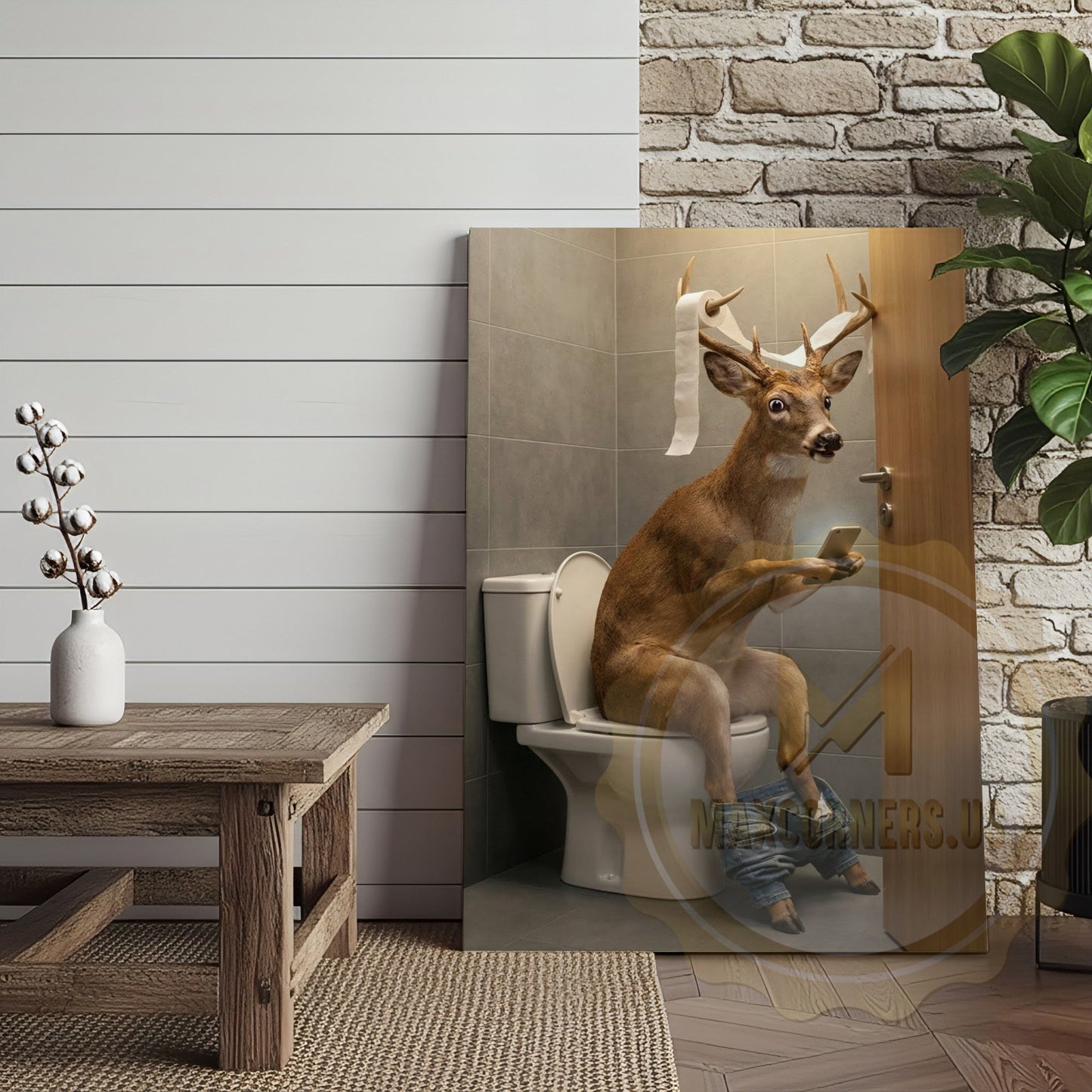 Deer Canvas Bathroom Smartphone Reading Humor Canvas Wall Art
