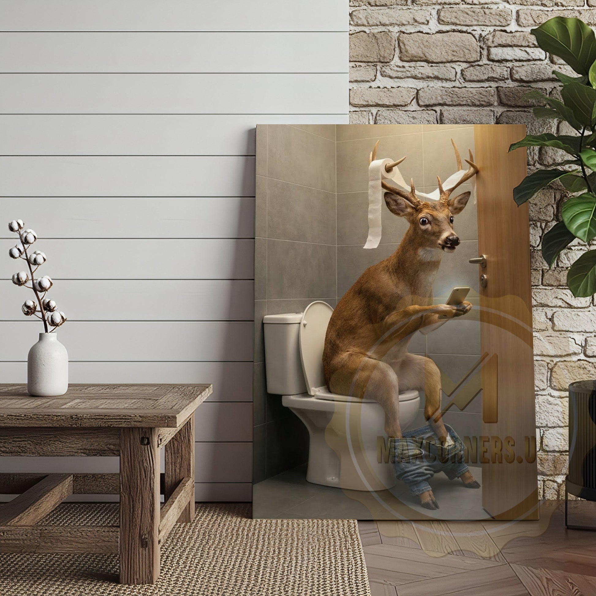 Deer Canvas Bathroom Smartphone Reading Humor Canvas Wall Art