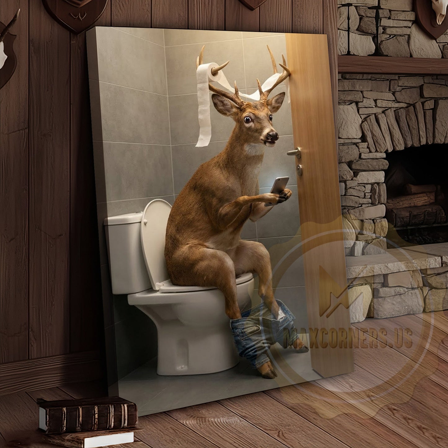 Deer Canvas Bathroom Smartphone Reading Humor Canvas Wall Art