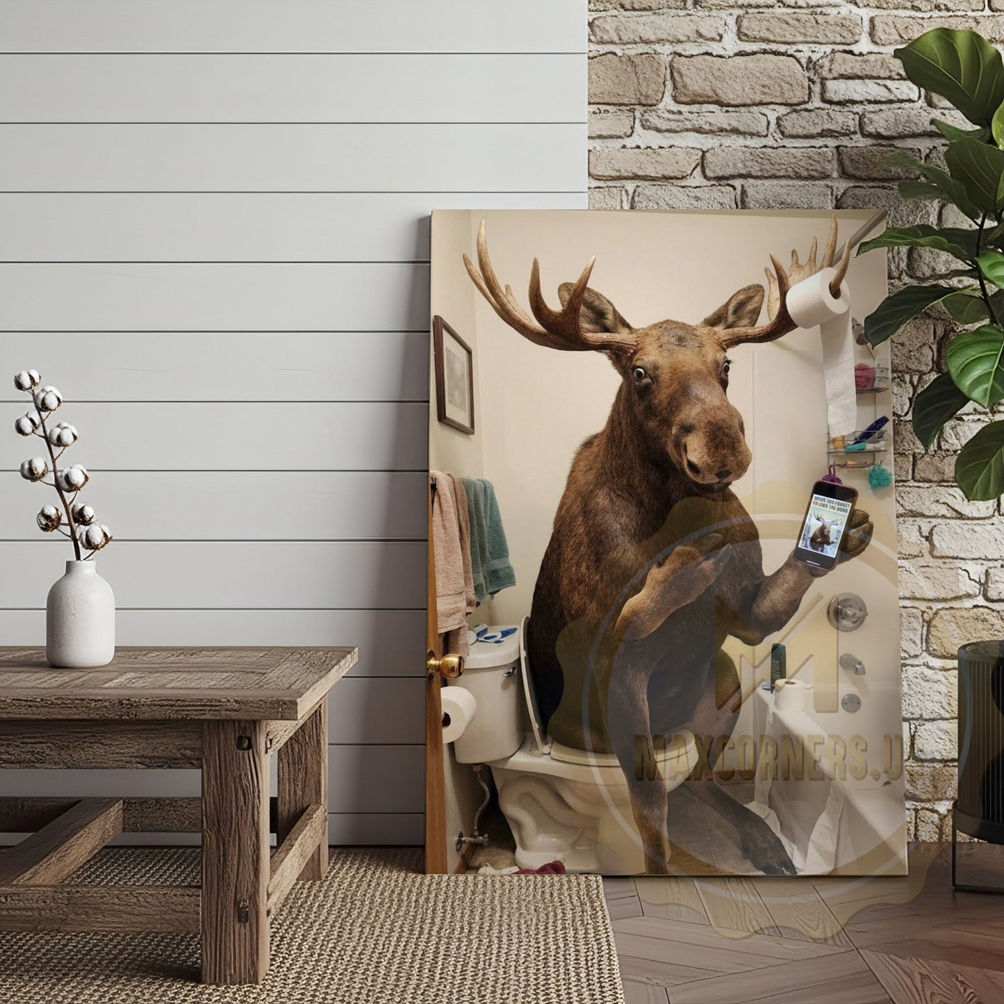 Moose Canvas Bathroom Smartphone Reading Humor Canvas Wall Art