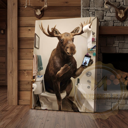 Moose Canvas Bathroom Smartphone Reading Humor Canvas Wall Art