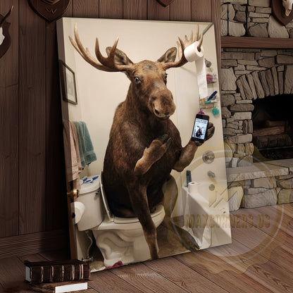 Moose Canvas Bathroom Smartphone Reading Humor Canvas Wall Art