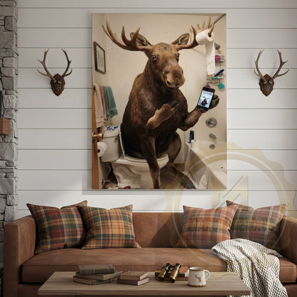Moose Canvas Bathroom Smartphone Reading Humor Canvas Wall Art