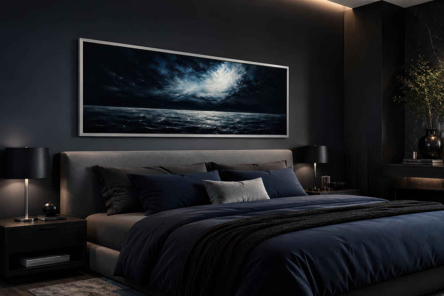 Dark Navy Moonlit Ocean Night Sky Seascape Painting, Moody Masculine Bedroom Decor Canvas Wall Art