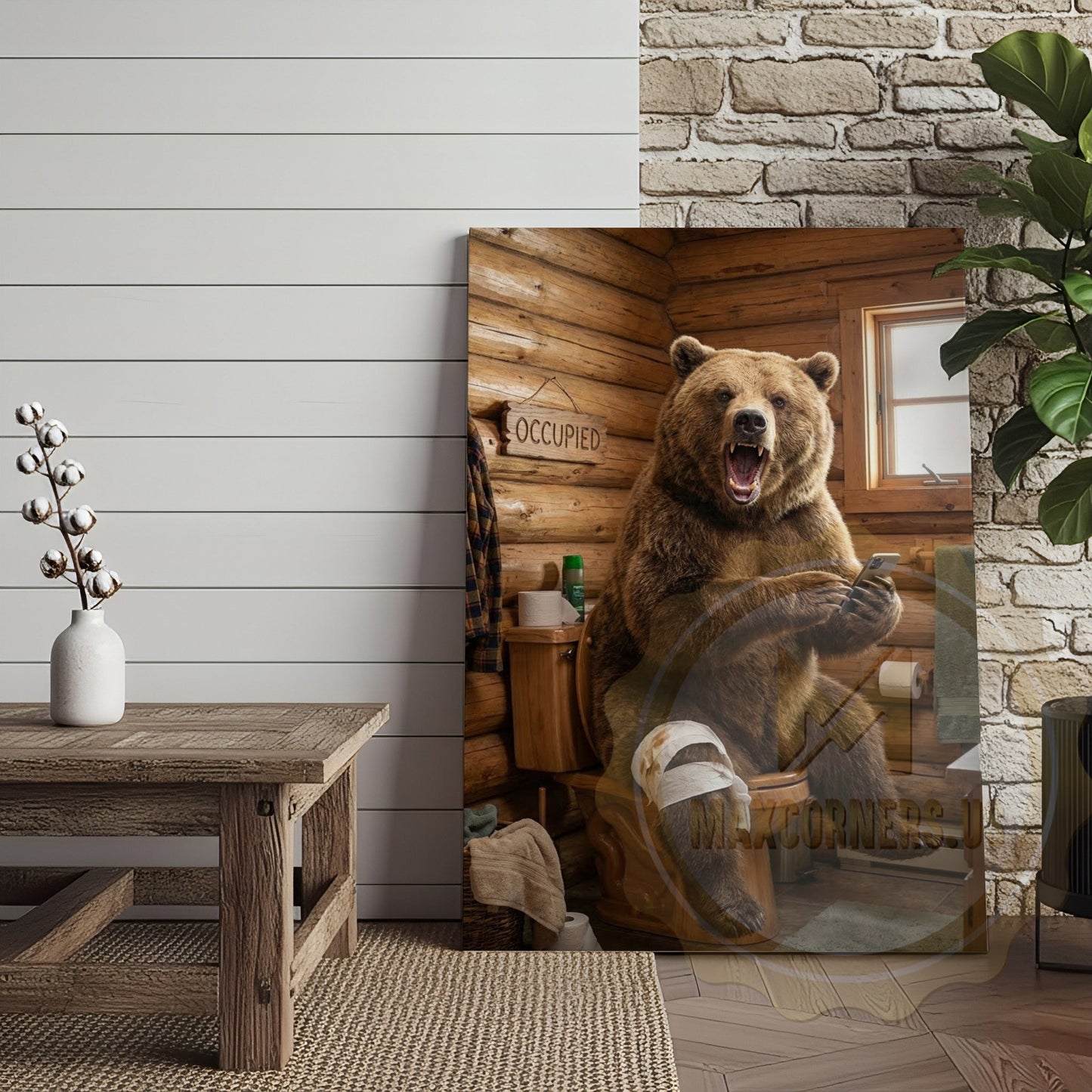 Bear Canvas Occupied Sign Rustic Bathroom Humor Canvas Wall Art
