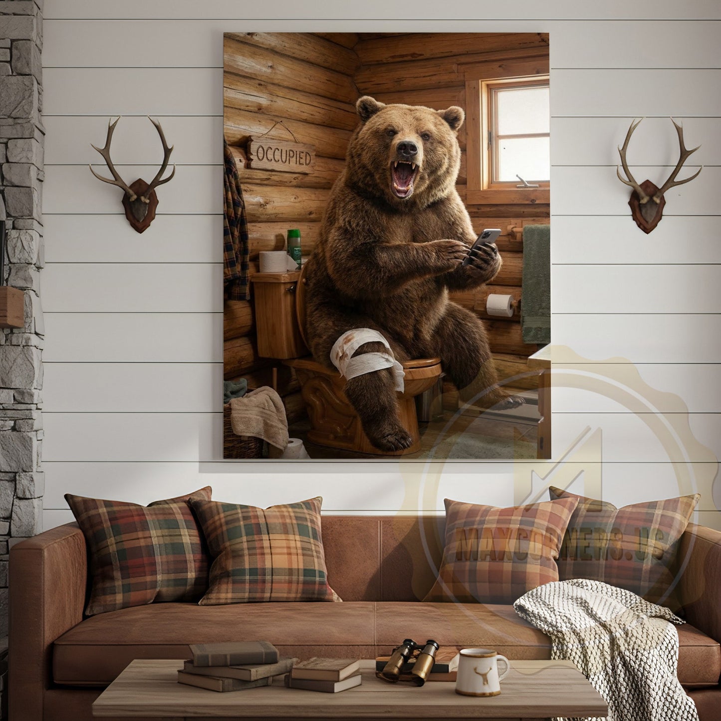 Bear Canvas Occupied Sign Rustic Bathroom Humor Canvas Wall Art