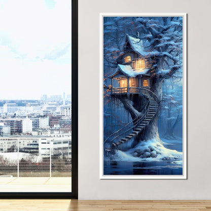 Winter Tree House Canvas Wall Art