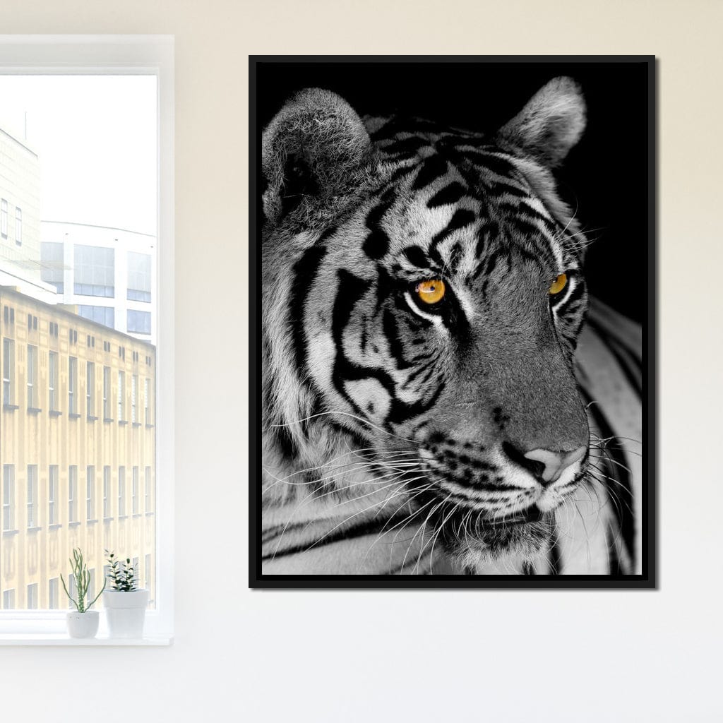Black and White Tiger with Yellow Eyes Canvas Wall Art