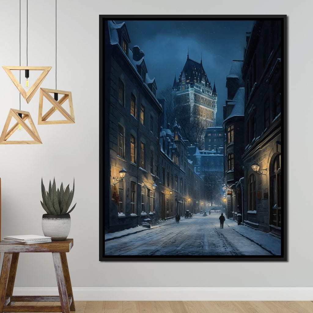 Quebec City Street On a Winter Night Canvas Wall Art
