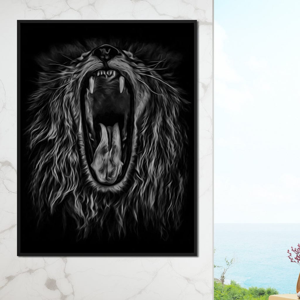 Black and White Roaring Lion Canvas Wall Art