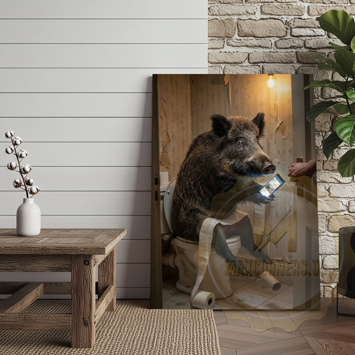 Wild Boar Canvas Wooden Bathroom Reading Newspaper Canvas Wall Art