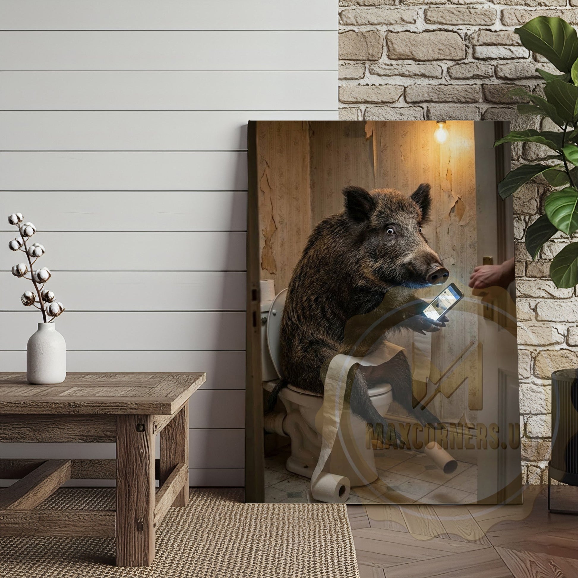 Wild Boar Canvas Wooden Bathroom Reading Newspaper Canvas Wall Art