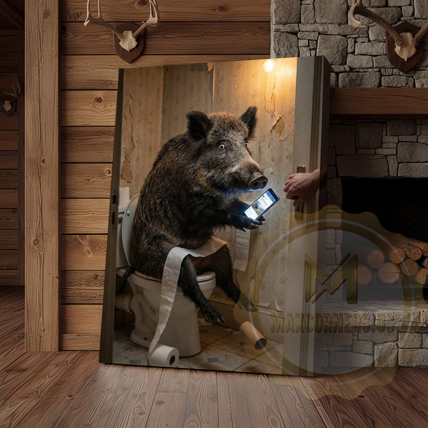 Wild Boar Canvas Wooden Bathroom Reading Newspaper Canvas Wall Art