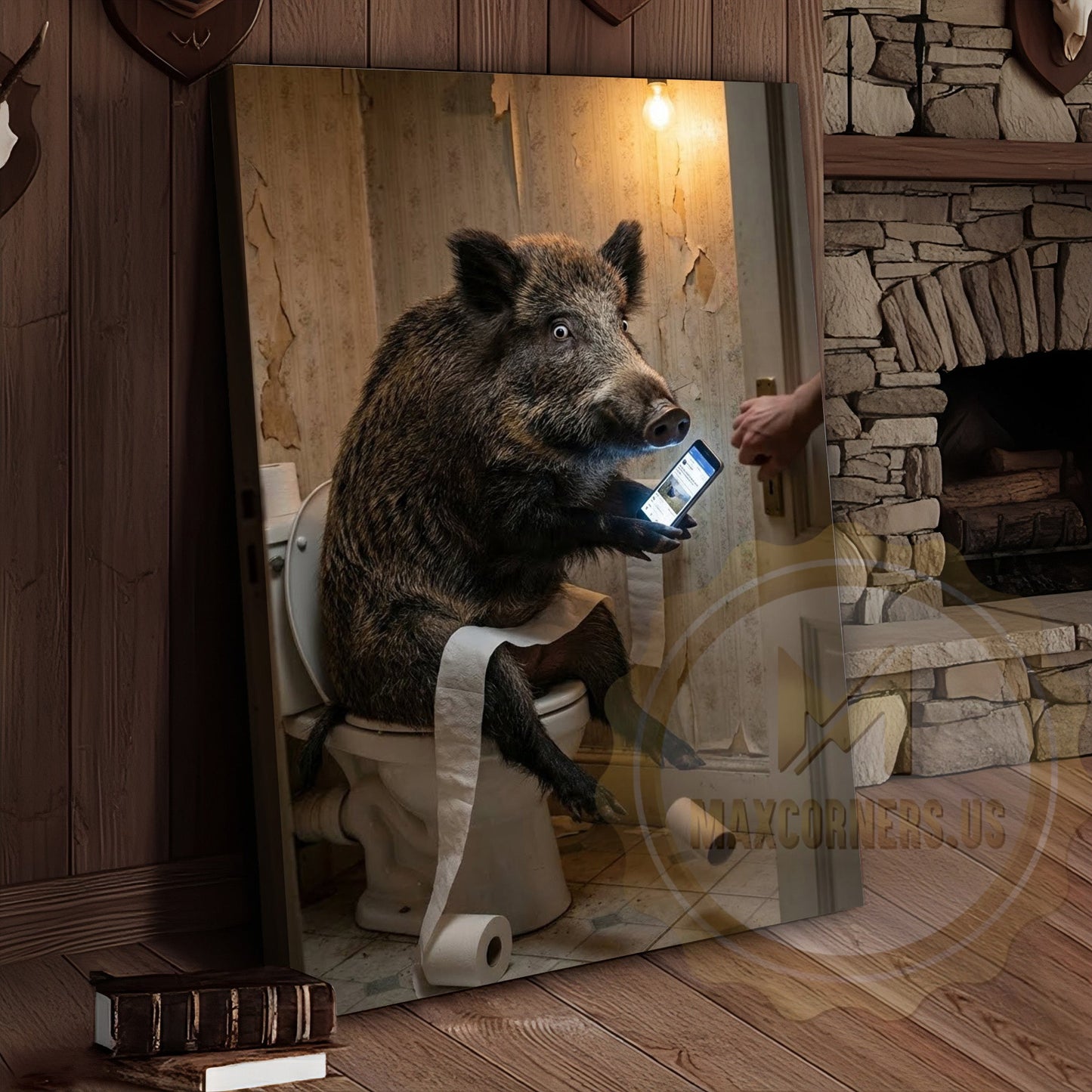 Wild Boar Canvas Wooden Bathroom Reading Newspaper Canvas Wall Art
