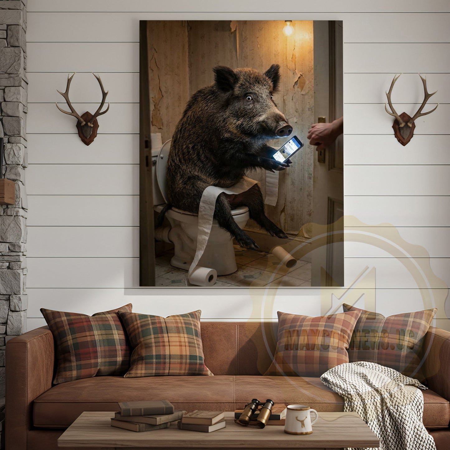 Wild Boar Canvas Wooden Bathroom Reading Newspaper Canvas Wall Art
