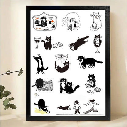 Black Cat Framed Wall Art - Whimsical Illustrated Cat Wall Art