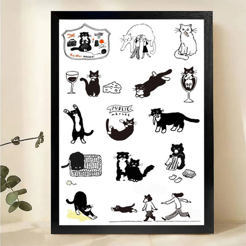 Black Cat Framed Wall Art - Whimsical Illustrated Cat Wall Art