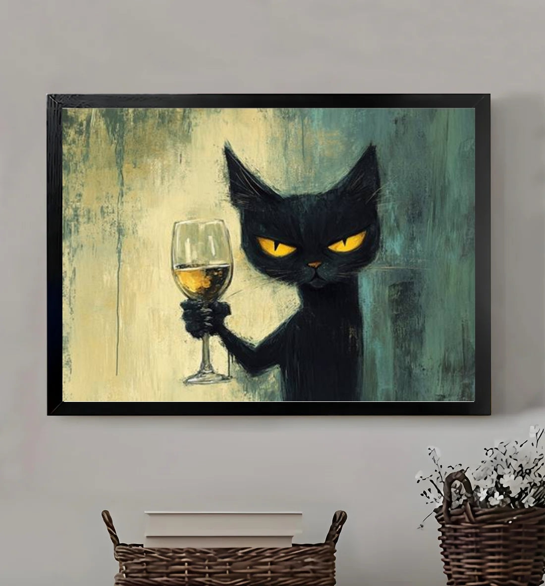 Cheers Black Cat – Vintage Cat Wall Art on Natural Wood Canvas