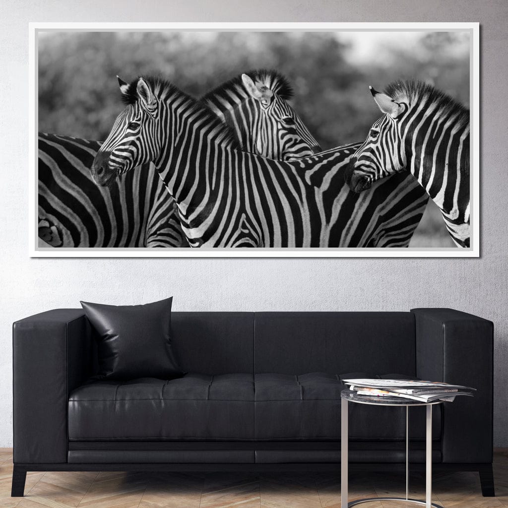 Zebra Herd in Black & White Canvas Wall Art