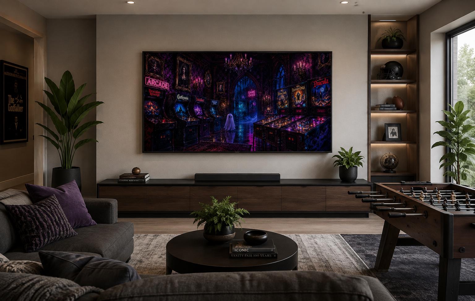 Spooky Halloween Arcade with Ghost and Pinball Machines in Neon Purple, Man Cave Game Room Wall Art