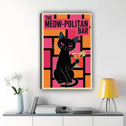 The Meowpolis Tippling Cat – Retro Urban Feline Wall Art on Natural Wood Canvas