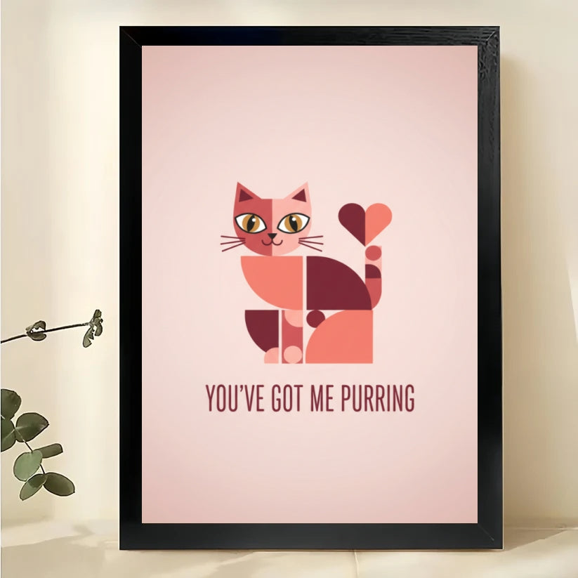 Romantic “You've Got Me Purring” Cat Couple Illustration – Soft Pink Wall Art on Natural Wood Canvas
