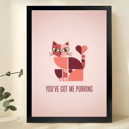Romantic “You've Got Me Purring” Cat Couple Illustration – Soft Pink Wall Art on Natural Wood Canvas