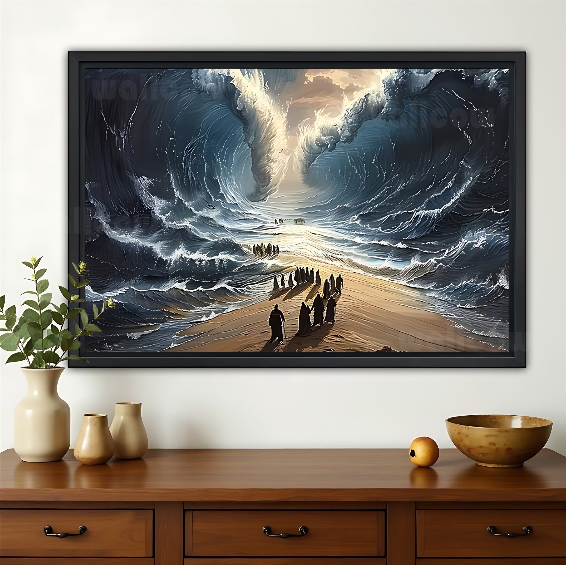 Dramatic Ocean Wave Beach Landscape – Majestic Nature Wall Art on Natural Wood Canvas