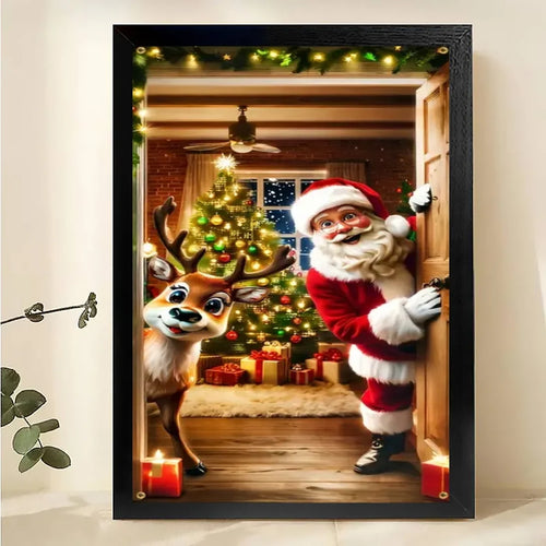 Santa Claus and Reindeer – Festive Christmas Wall Decorations on Natural Wood Grain Canvas