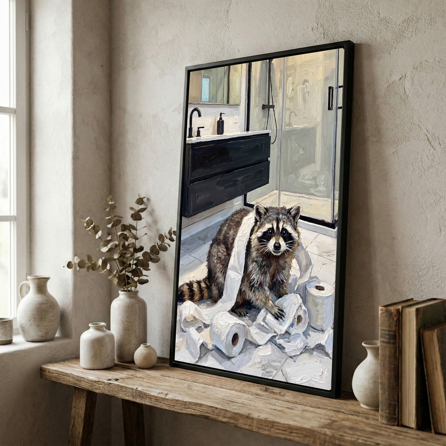 Funny Raccoon Bathroom Mess with Toilet Paper Canvas Wall Art
