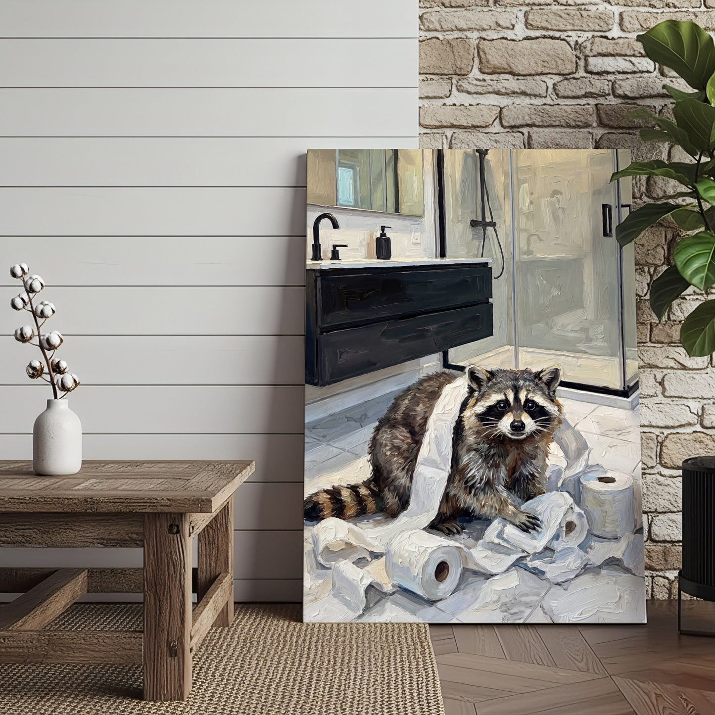 Funny Raccoon Bathroom Mess with Toilet Paper Canvas Wall Art