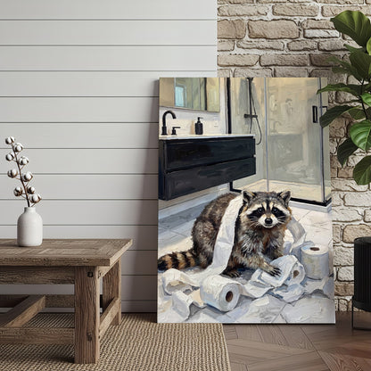 Funny Raccoon Bathroom Mess with Toilet Paper Canvas Wall Art