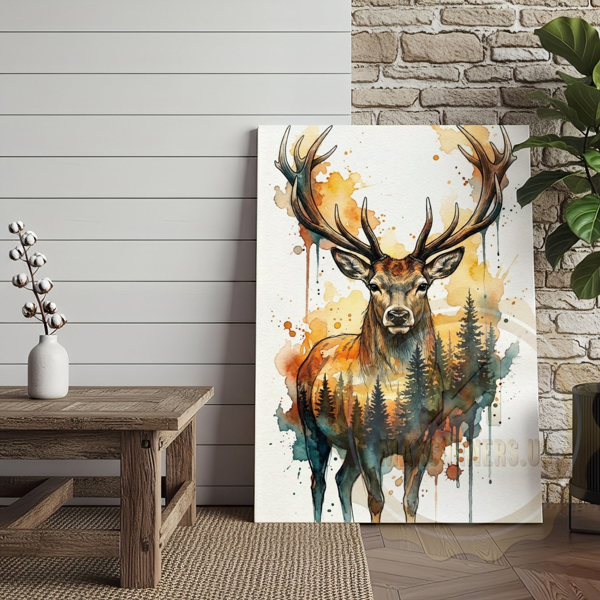 Bohemian Deer Canvas Wall Art - Warm Tone Watercolor Wildlife