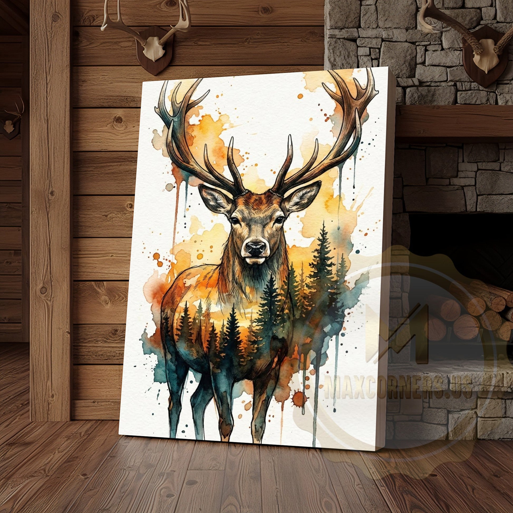 Bohemian Deer Canvas Wall Art - Warm Tone Watercolor Wildlife