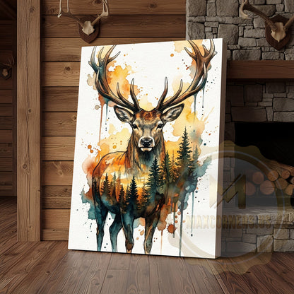 Bohemian Deer Canvas Wall Art - Warm Tone Watercolor Wildlife