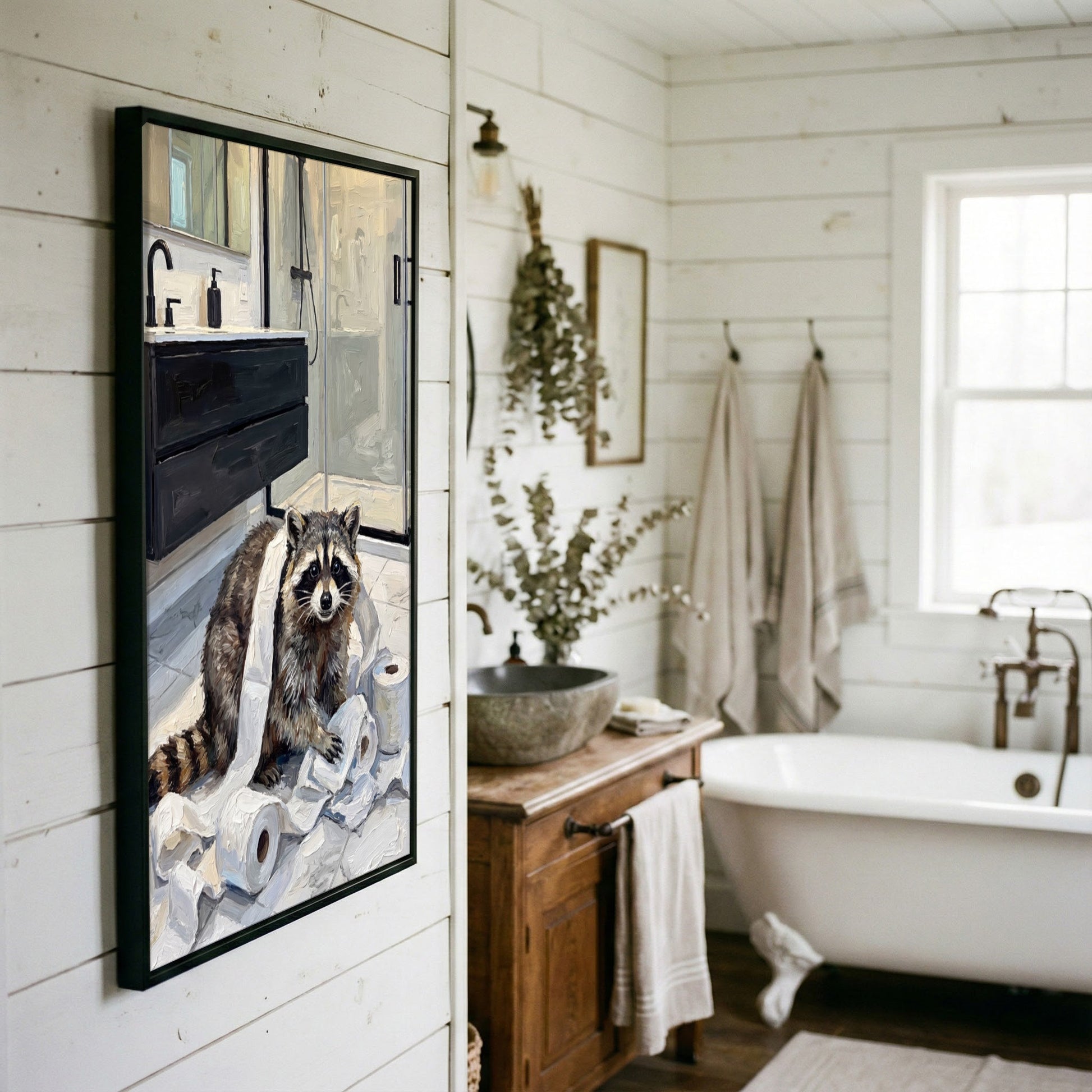 Funny Raccoon Bathroom Mess with Toilet Paper Canvas Wall Art