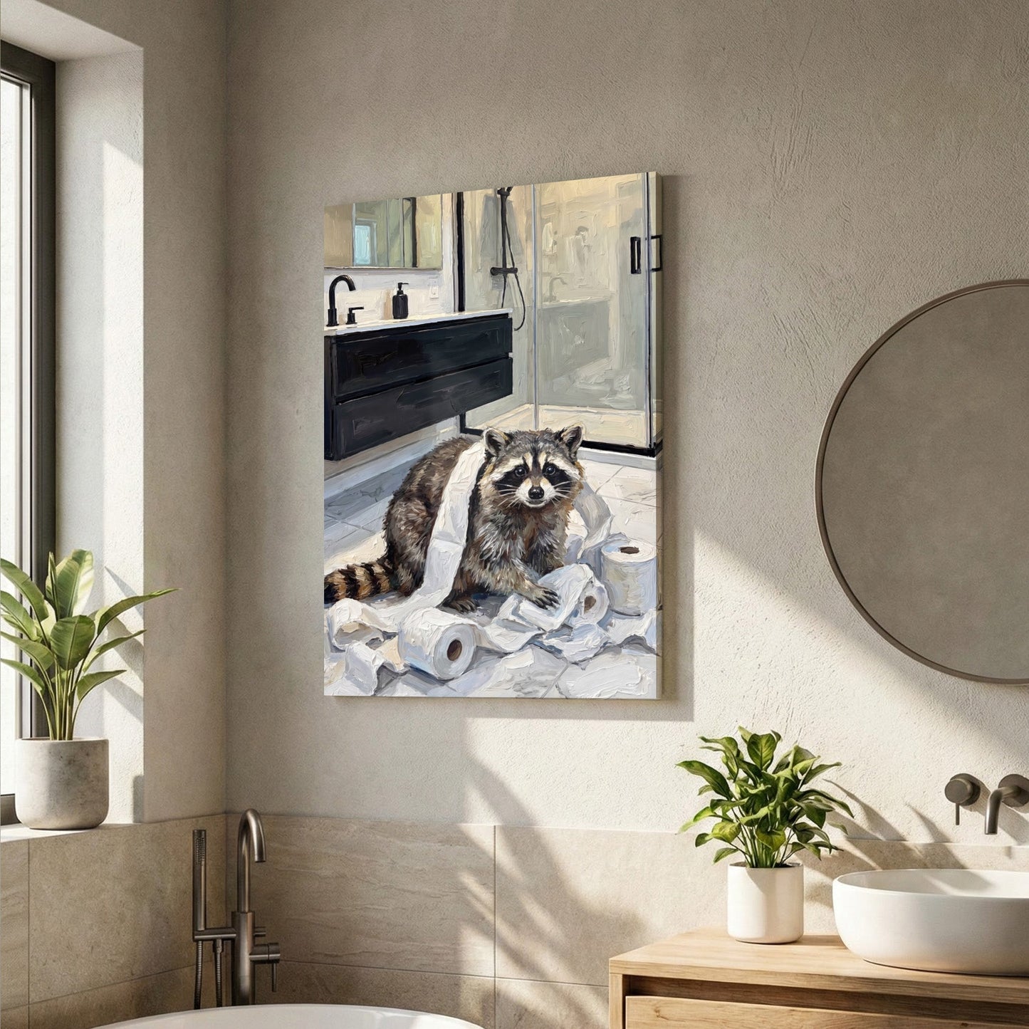 Funny Raccoon Bathroom Mess with Toilet Paper Canvas Wall Art