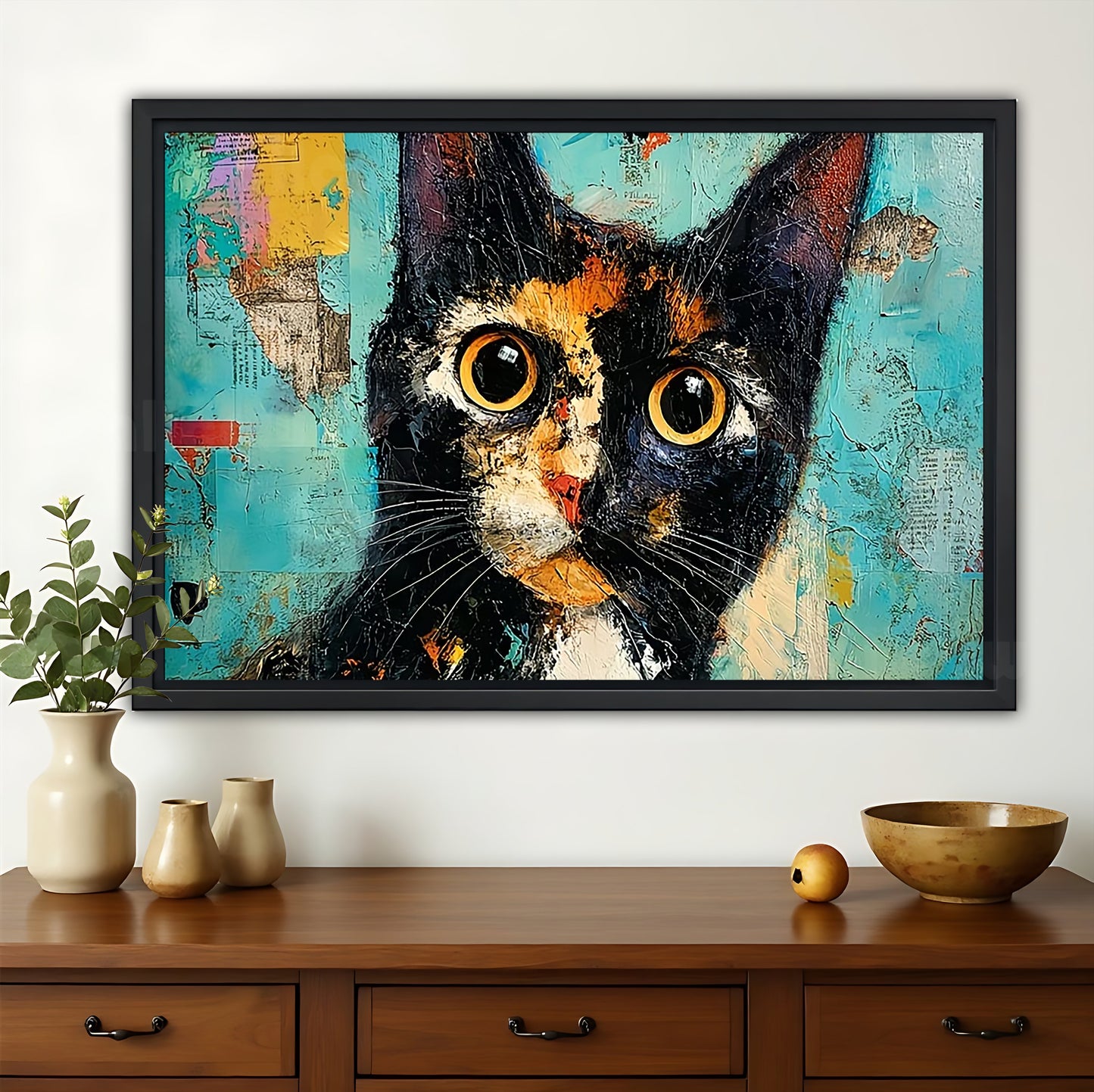 Abstract Tortoiseshell Cat – Vibrant Textured Wall Art on Natural Wood Canvas